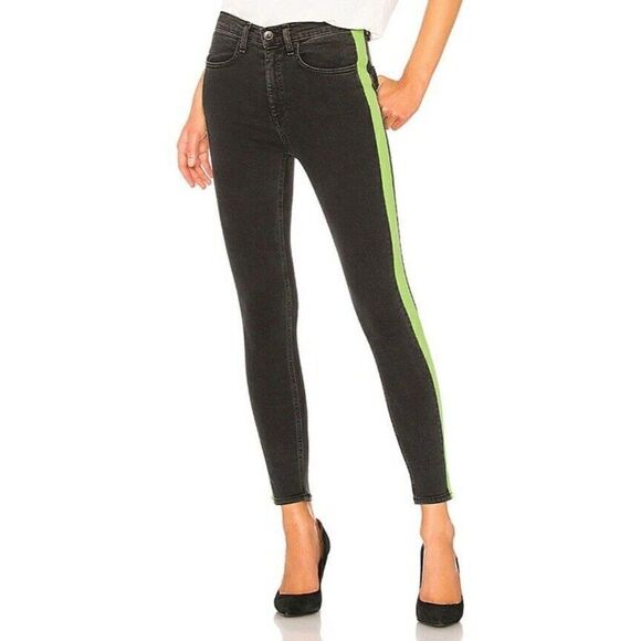 Rag & Bone High Waist Skinny Jeans Womens 24 Black Mazie Side Stripe - Picture 1 of 7